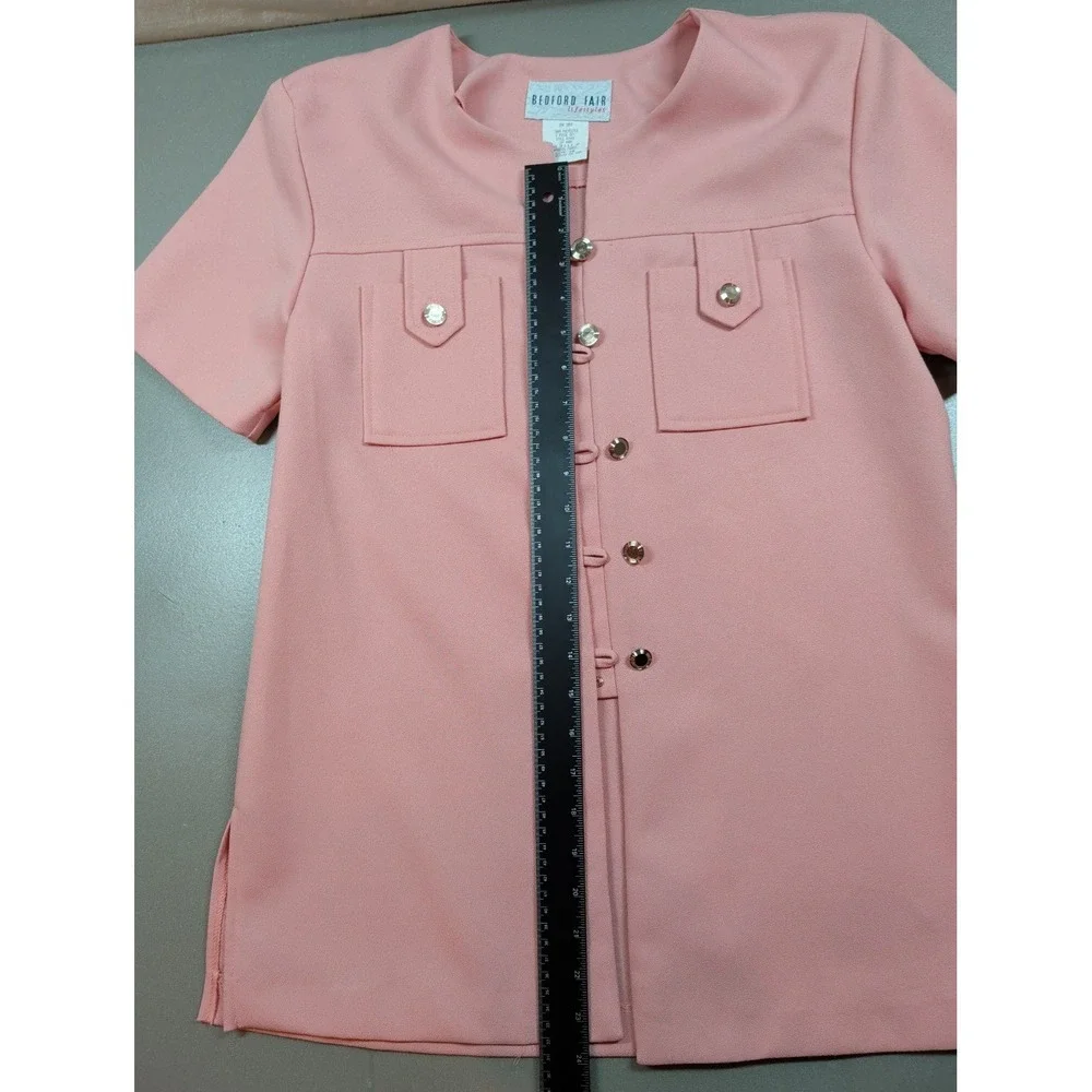 Bedford Fair Lifestyles Pink 2 Piece Pant Set Short Sleeve Button Top Size 10